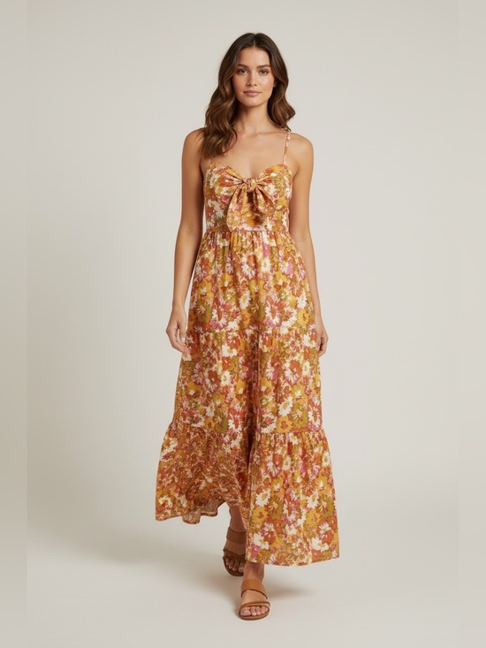 House of Harlow 1960 Dresses & Skirts - House of Harlow Bow Tie Front Linen Blend Tiered Maxi Dress in Mustard-Pink sz M